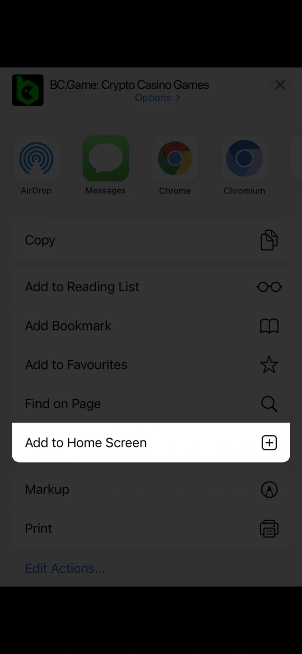 Select the Add to Home Screen option to create a BC.Game icon.