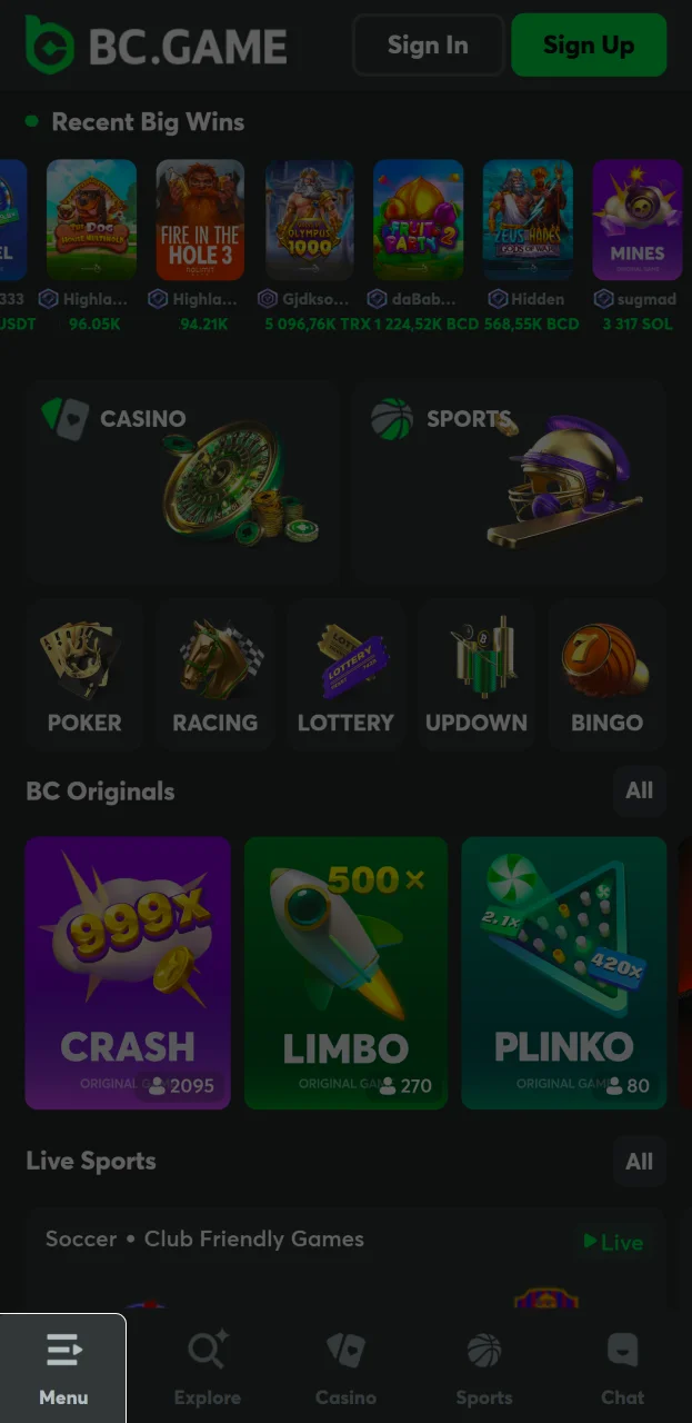 Open the menu on the BC Game website to continue the installation.